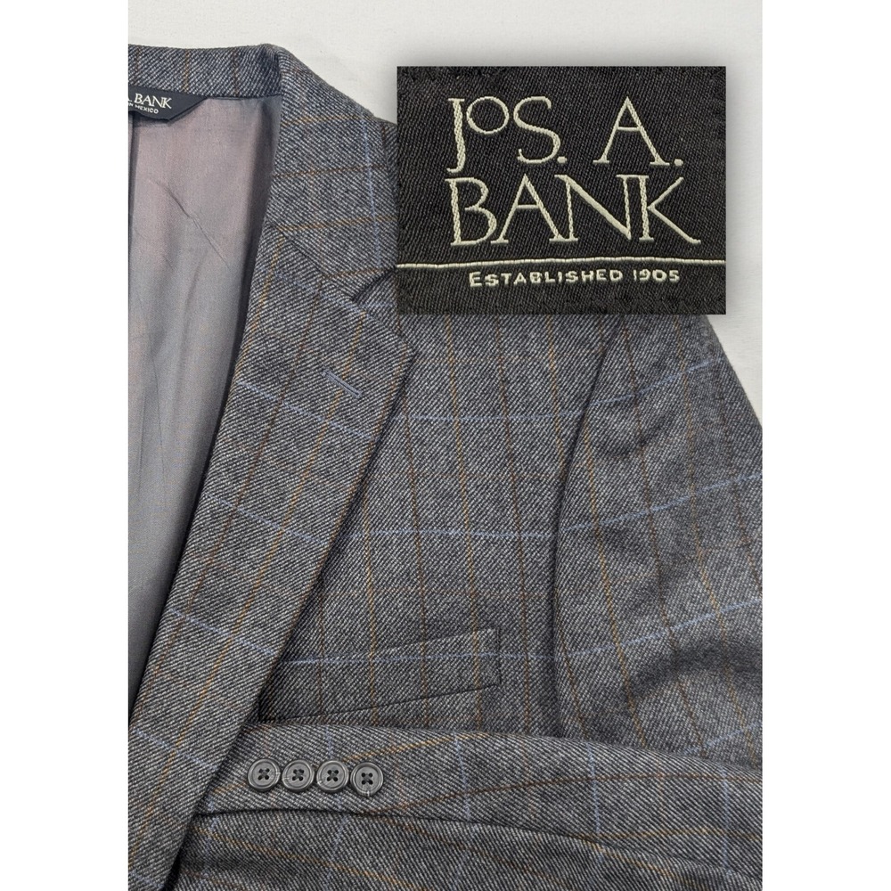 Jos Bank Blazer Coat Sport Suit Jacket 100% Wool GRAY Subtle Plaid 44R 46" Chest